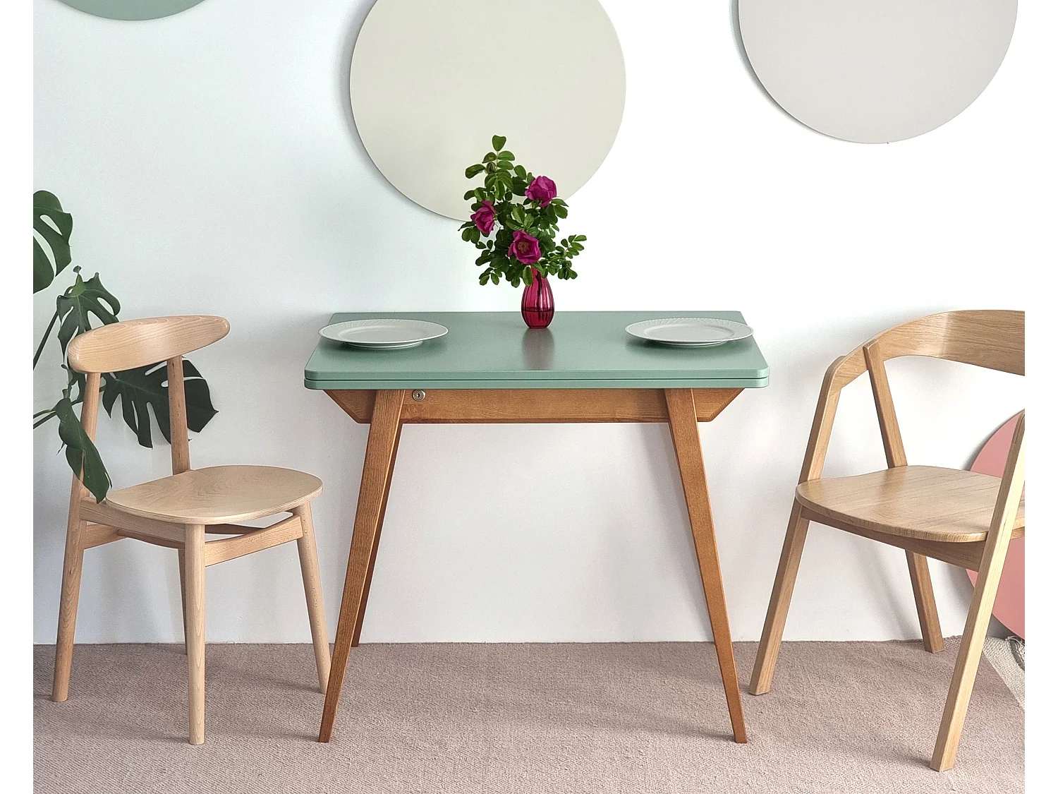 Table à manger extensible 90x65 Envelope Vert Sauge Chêne