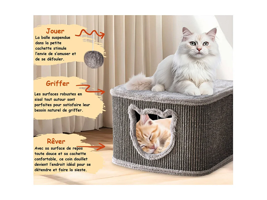 Maison pour chats avec griffoirs en sisal gris 40x40x27cm