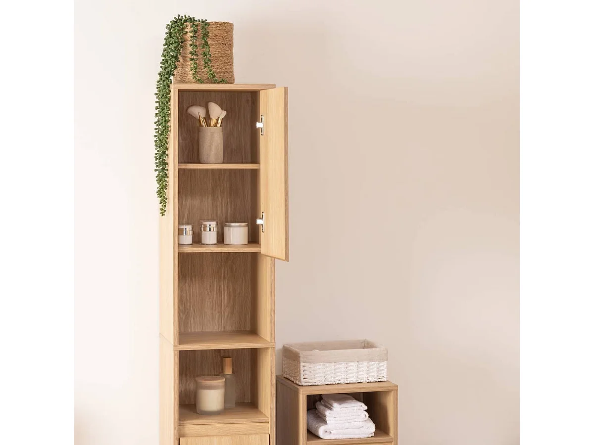 Colonne de rangement SDB 2 portes coloris effet bois clair - Longueur 30 x largeur 30 x Hauteur 170 cm