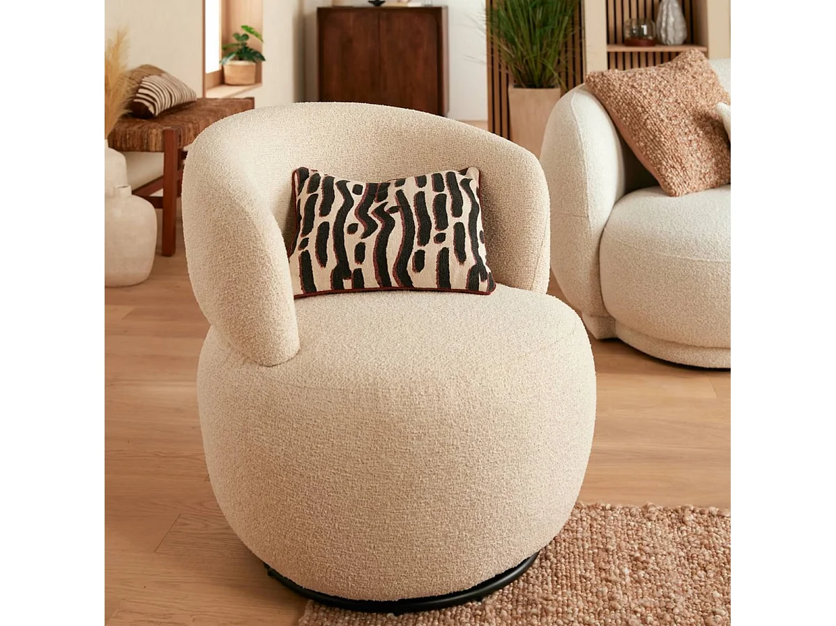 Fauteuil pivotant rembourré bouclette coloris ivoire - Longueur 73,5 x Profondeur 71,5 x Hauteur 72,5 cm