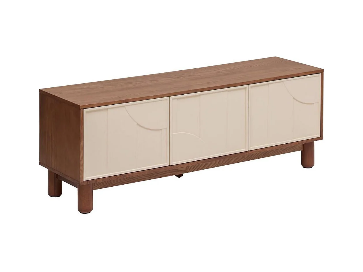 Meuble TV buffet bas 2 portes et 1 tiroir coloris Marron/Beige - Longueur 140 x Profondeur 40 x Hauteur 50,5 cm