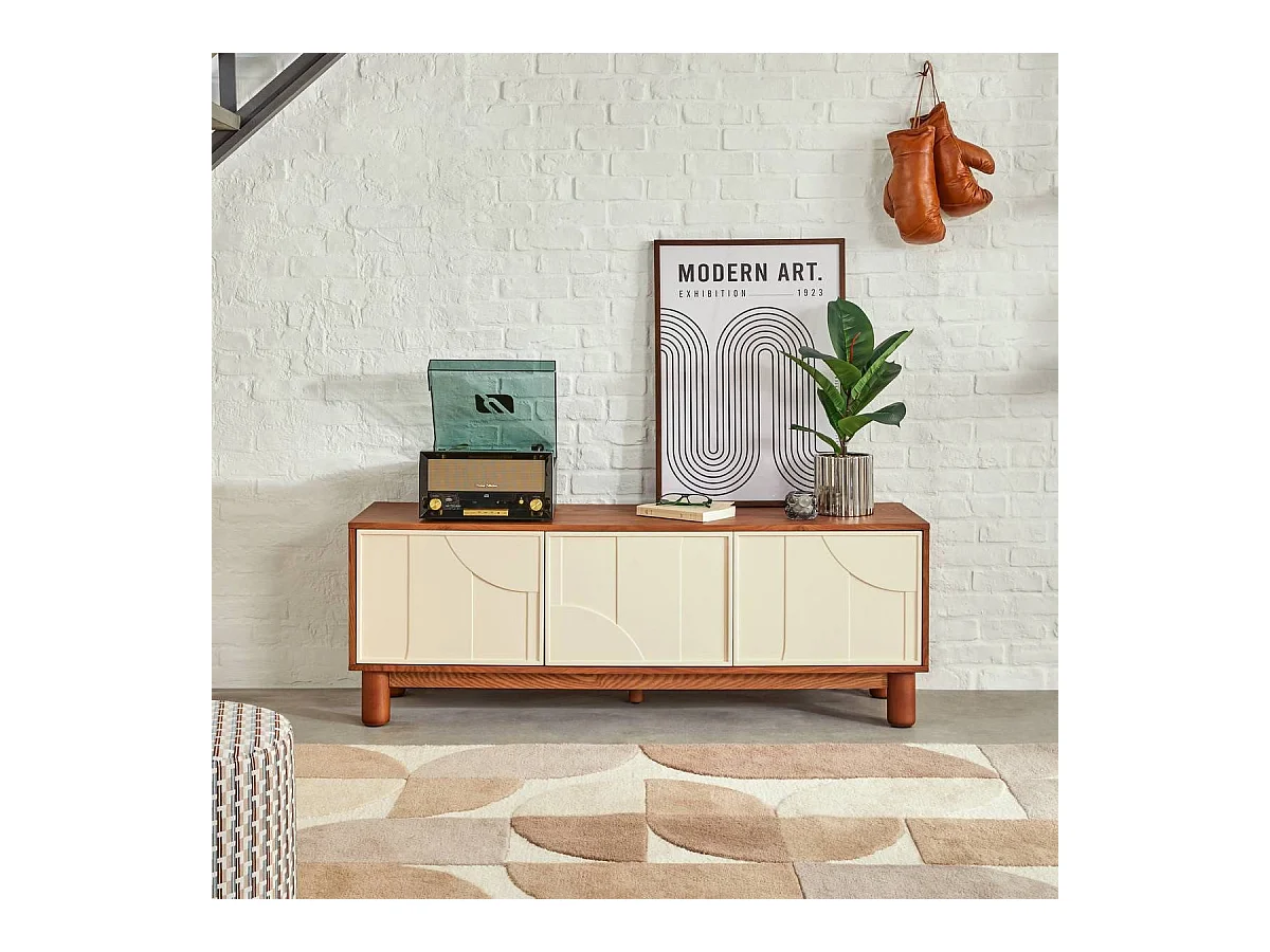 Meuble TV buffet bas 2 portes et 1 tiroir coloris Marron/Beige - Longueur 140 x Profondeur 40 x Hauteur 50,5 cm