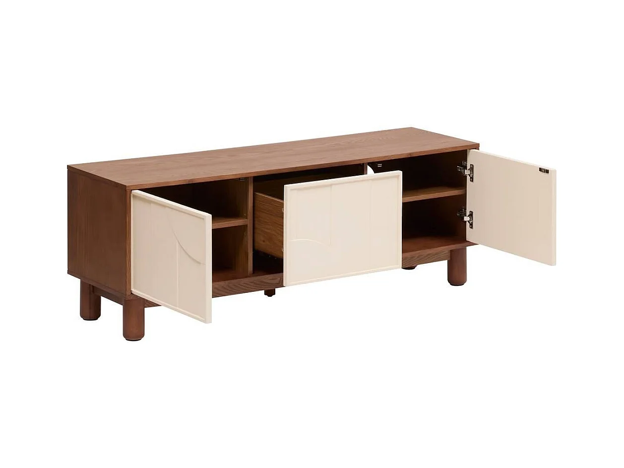 Meuble TV buffet bas 2 portes et 1 tiroir coloris Marron/Beige - Longueur 140 x Profondeur 40 x Hauteur 50,5 cm