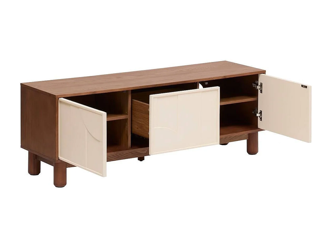 Meuble TV buffet bas 2 portes et 1 tiroir coloris Marron/Beige - Longueur 140 x Profondeur 40 x Hauteur 50,5 cm