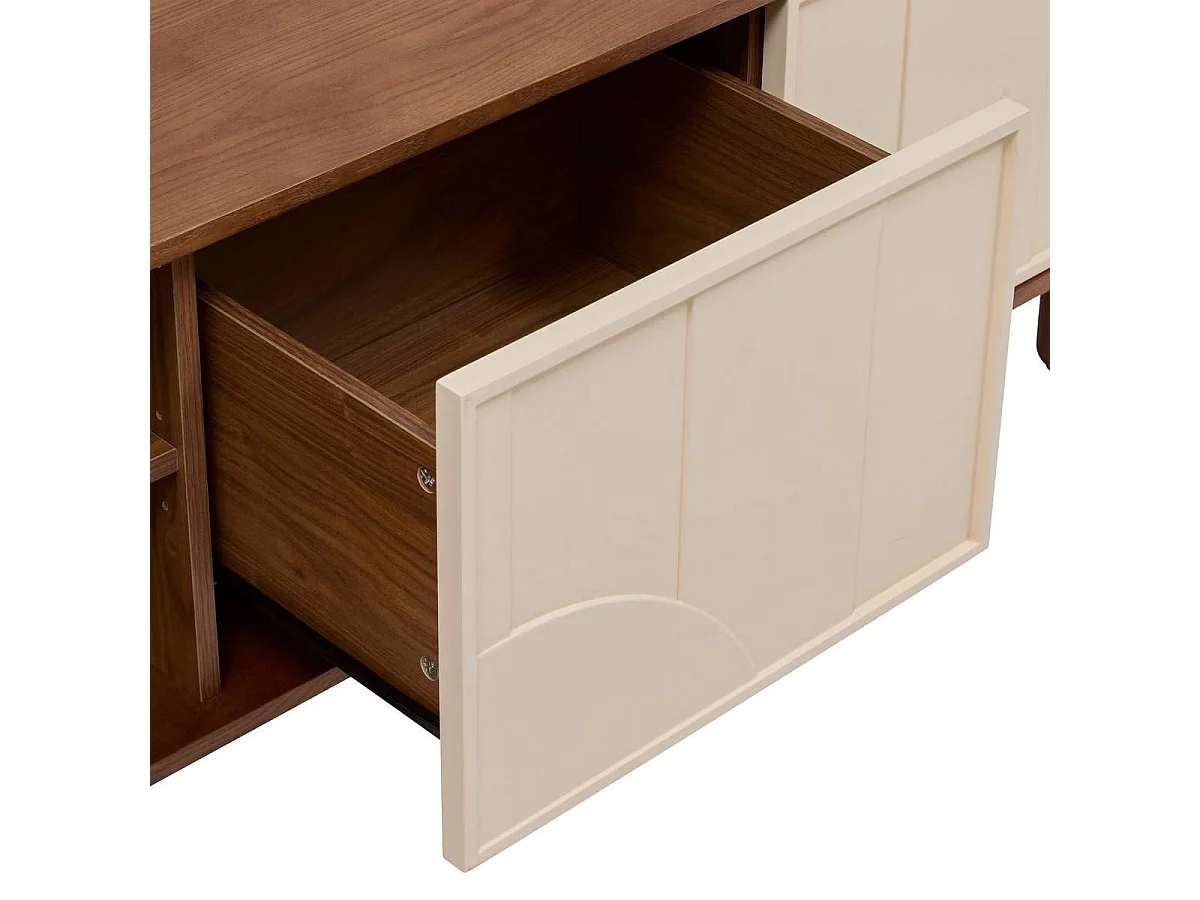 Meuble TV buffet bas 2 portes et 1 tiroir coloris Marron/Beige - Longueur 140 x Profondeur 40 x Hauteur 50,5 cm