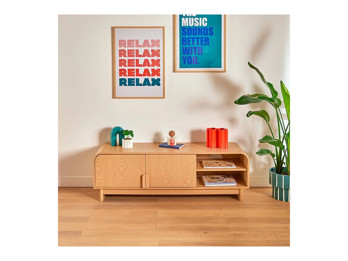 Meuble TV de 2 portes et 1 étagère coloris Beige - longueur 140 x Profondeur 40 x Hauteur 45 cm