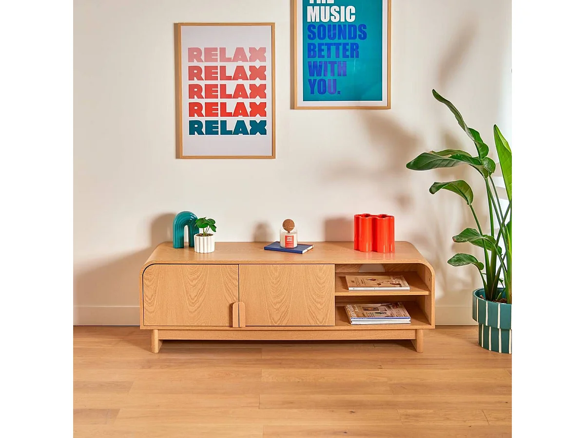 Meuble TV de 2 portes et 1 étagère coloris Beige - longueur 140 x Profondeur 40 x Hauteur 45 cm