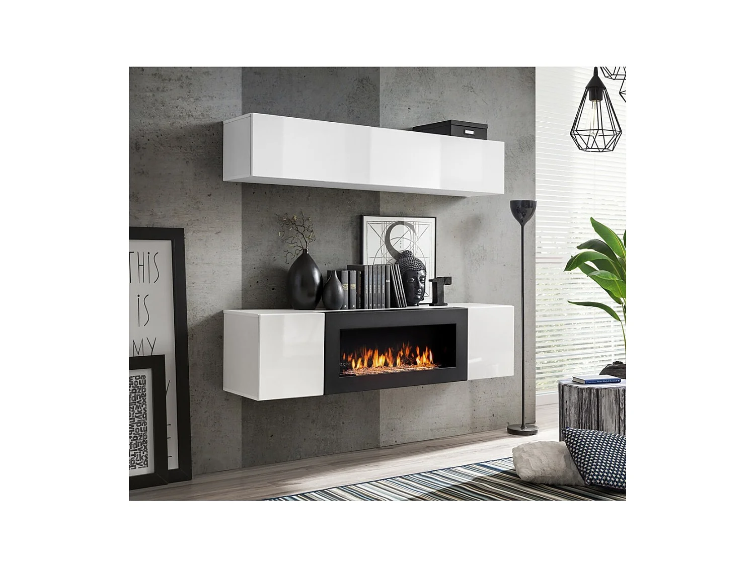 Meuble TV FLY avec cheminée bio-éthanol intégrée – Noir et blanc – Design moderne