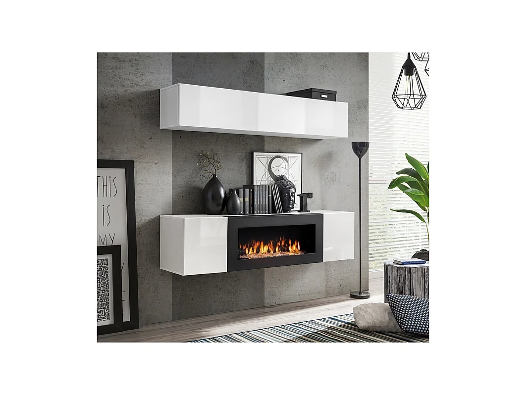 Meuble TV FLY avec cheminée bio-éthanol intégrée – Noir et blanc – Design moderne