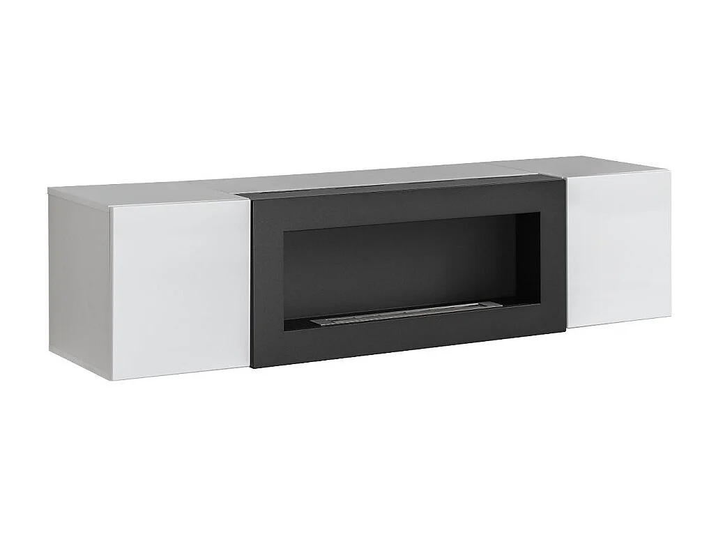 Meuble TV FLY avec cheminée bio-éthanol intégrée – Noir et blanc – Design moderne