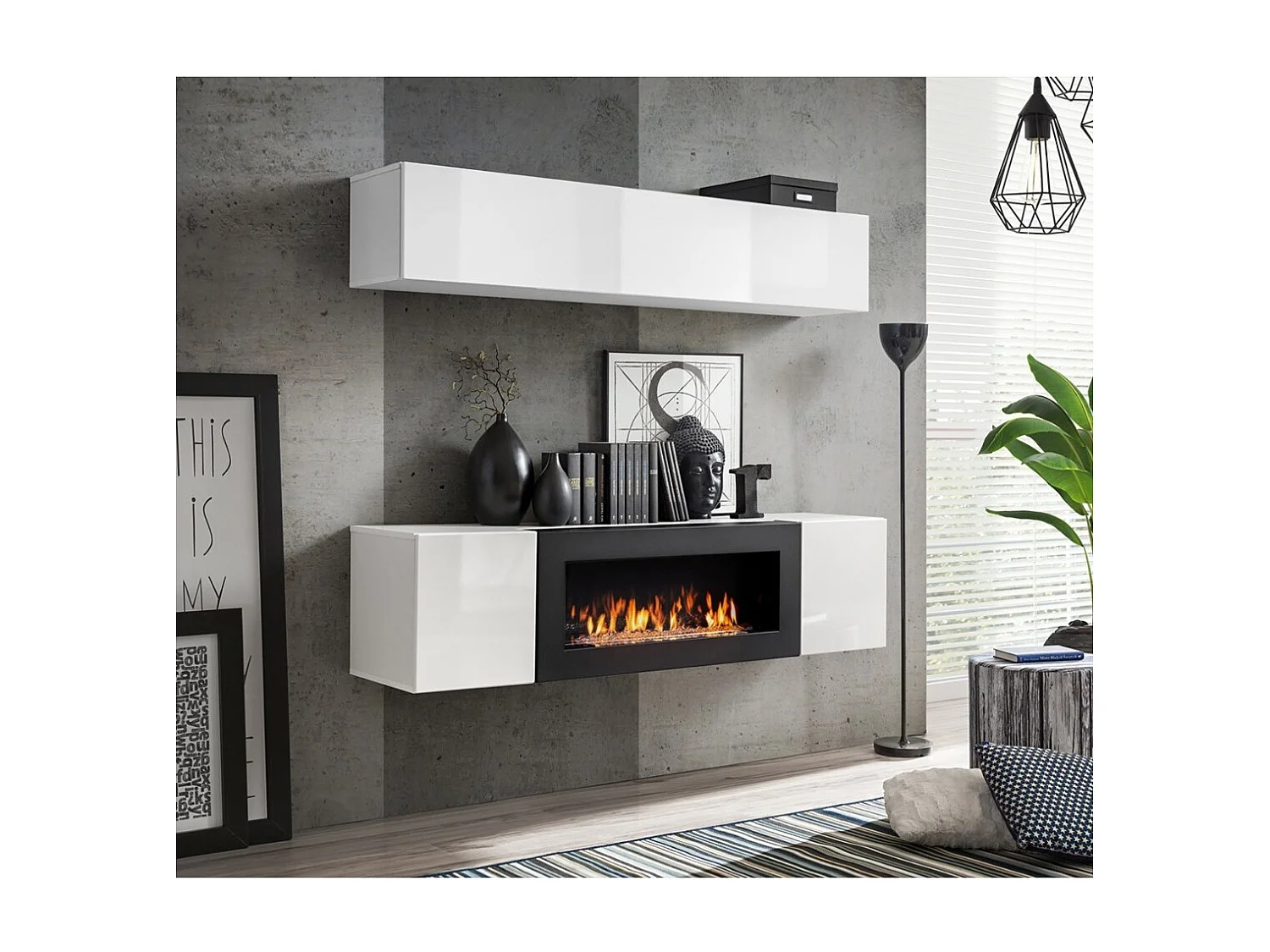 Meuble TV FLY avec cheminée bio-éthanol intégrée – Noir et blanc – Design moderne