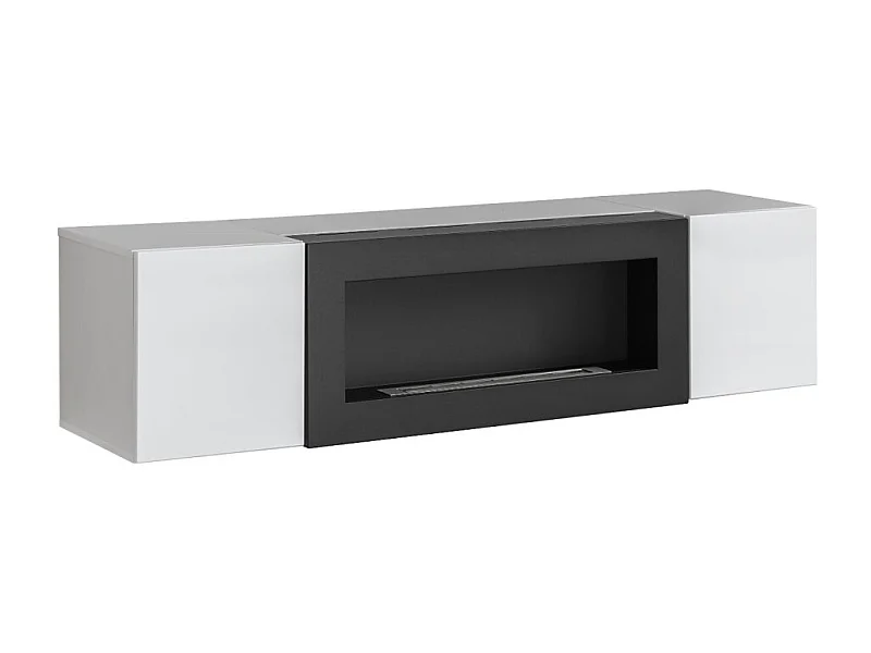 Meuble TV FLY avec cheminée bio-éthanol intégrée – Noir et blanc – Design moderne