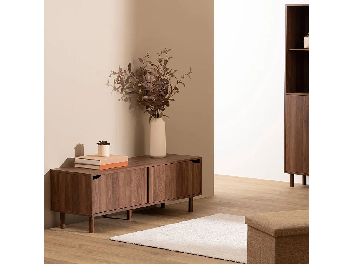 Meuble TV avec 2 portes coulissantes coloris effet bois foncé - Longueur 120 x Profondeur 40 x Hauteur 42 cm