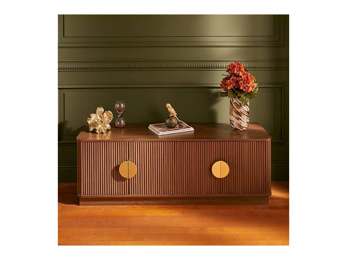 Meuble TV de 4 portes 2 coloris noyer - Longueur 140 x Profondeur 40 x Hauteur 48 cm