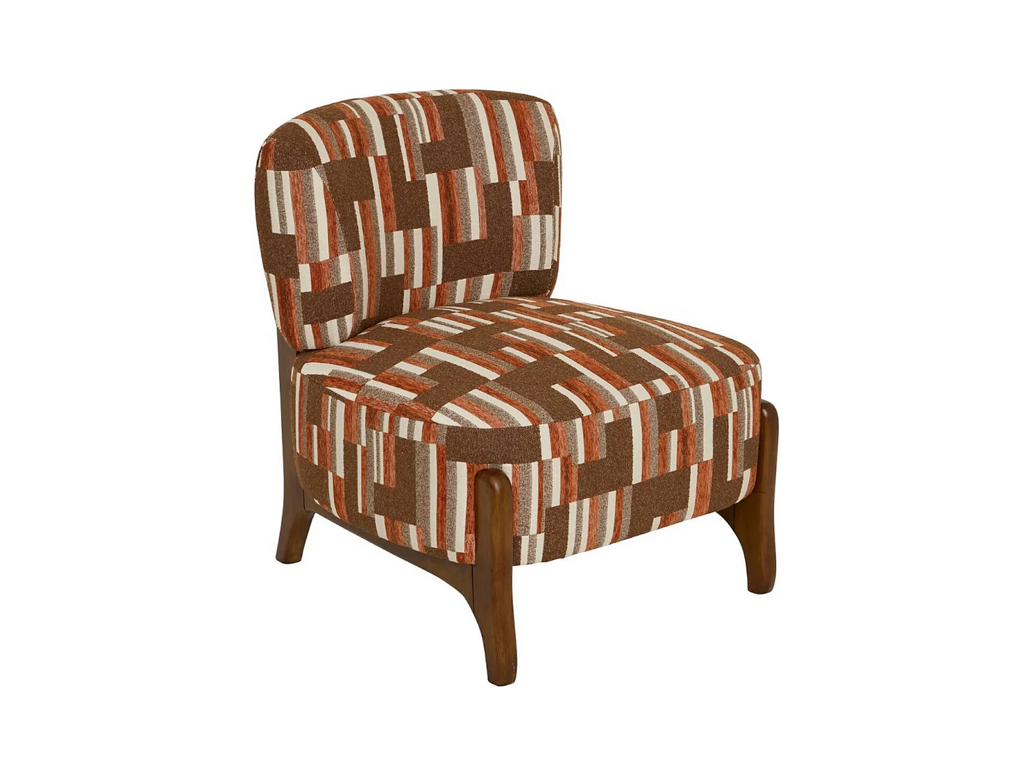 Fauteuil chenille rembourré à motifs avec pieds en bois effet noyer - Longueur 63 x Profondeur 69 x Hauteur 72 cm