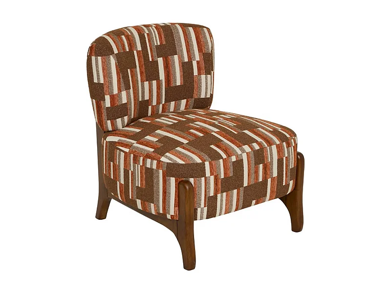Fauteuil chenille rembourré à motifs avec pieds en bois effet noyer - Longueur 63 x Profondeur 69 x Hauteur 72 cm