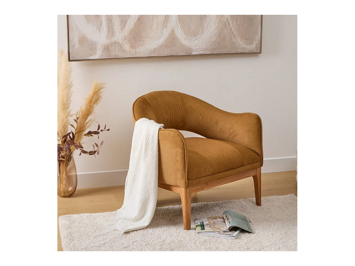 Fauteuil vintage en velours côtelé camel - Longueur 78 x Profondeur 74 x Hauteur 75,5 cm