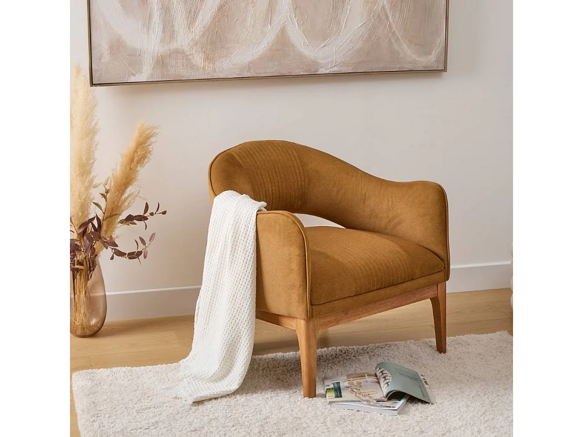 Fauteuil vintage en velours côtelé camel - Longueur 78 x Profondeur 74 x Hauteur 75,5 cm