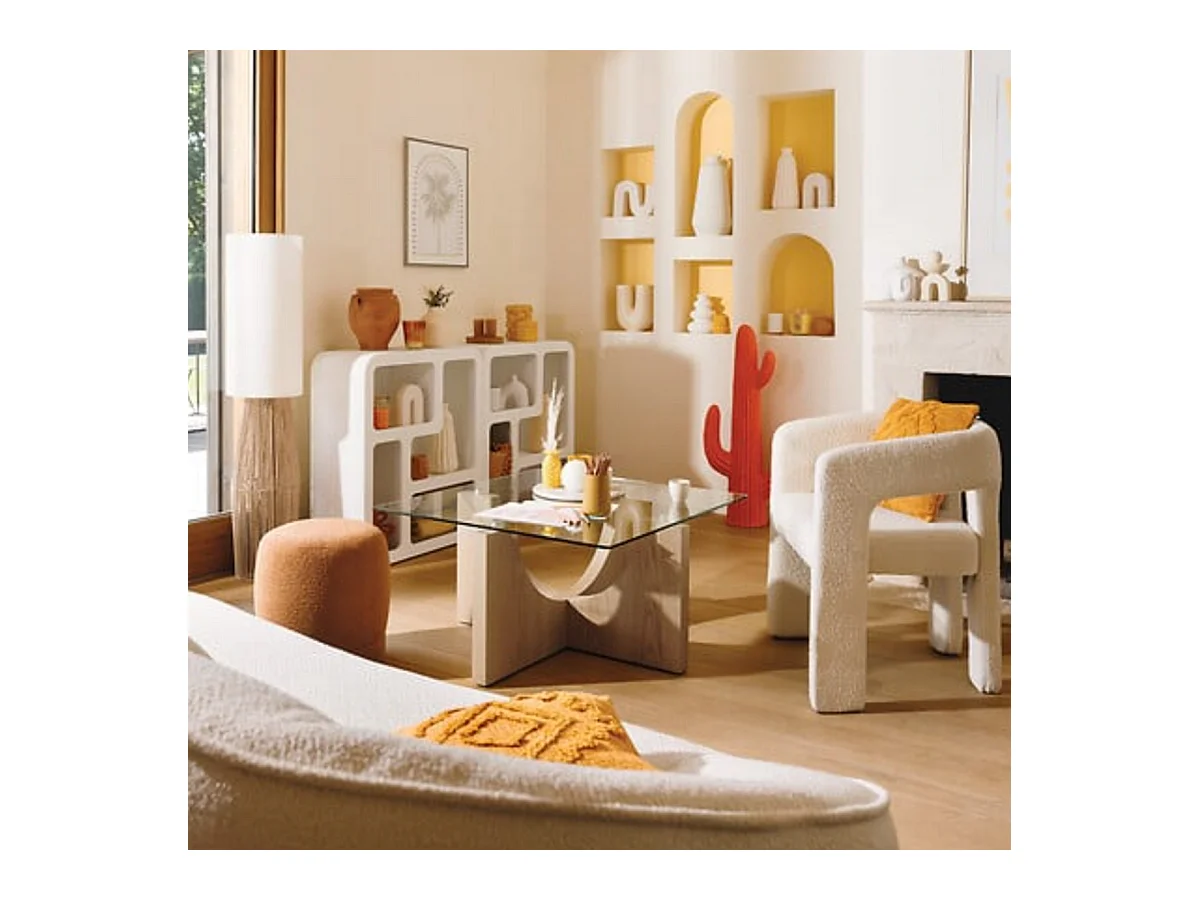 Chaise d'appoint en tissu bouclette crème - Longueur 63 x Profondeur 57 x Hauteur 75 cm