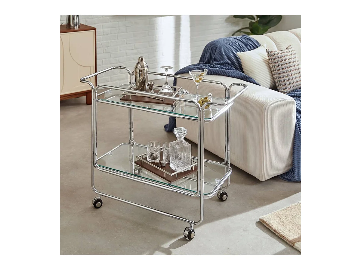 Desserte chariot à roues avec plateaux en verre - Longueur 92 x Profondeur 40 x Hauteur 71 cm