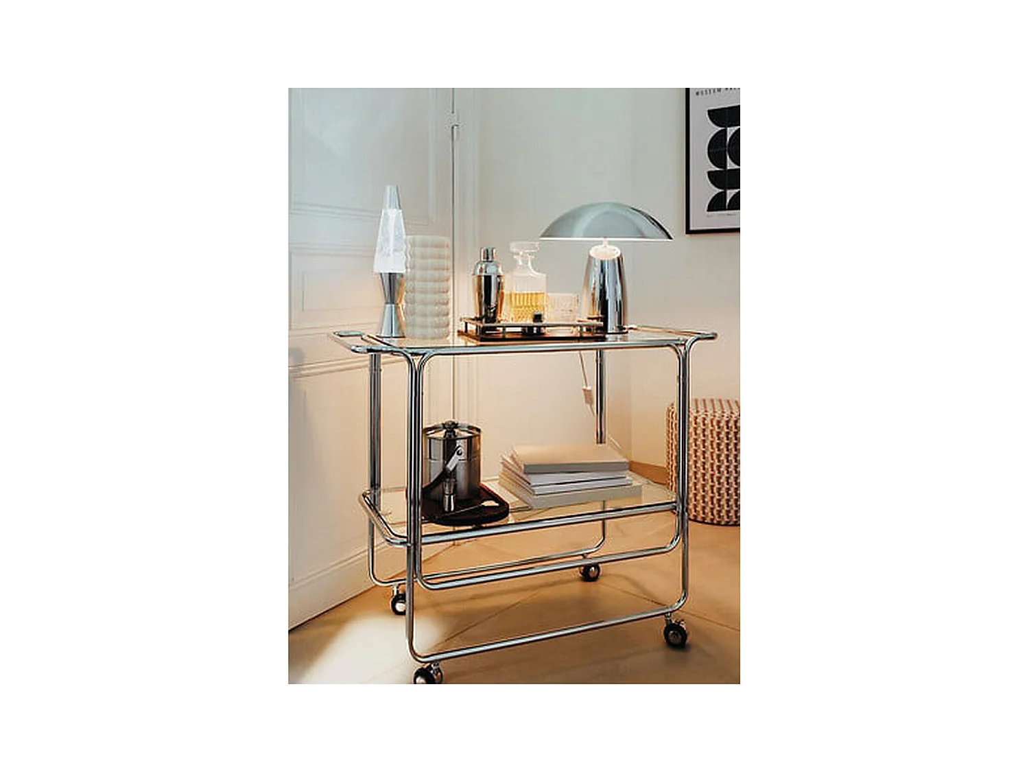 Desserte chariot à roues avec plateaux en verre - Longueur 92 x Profondeur 40 x Hauteur 71 cm