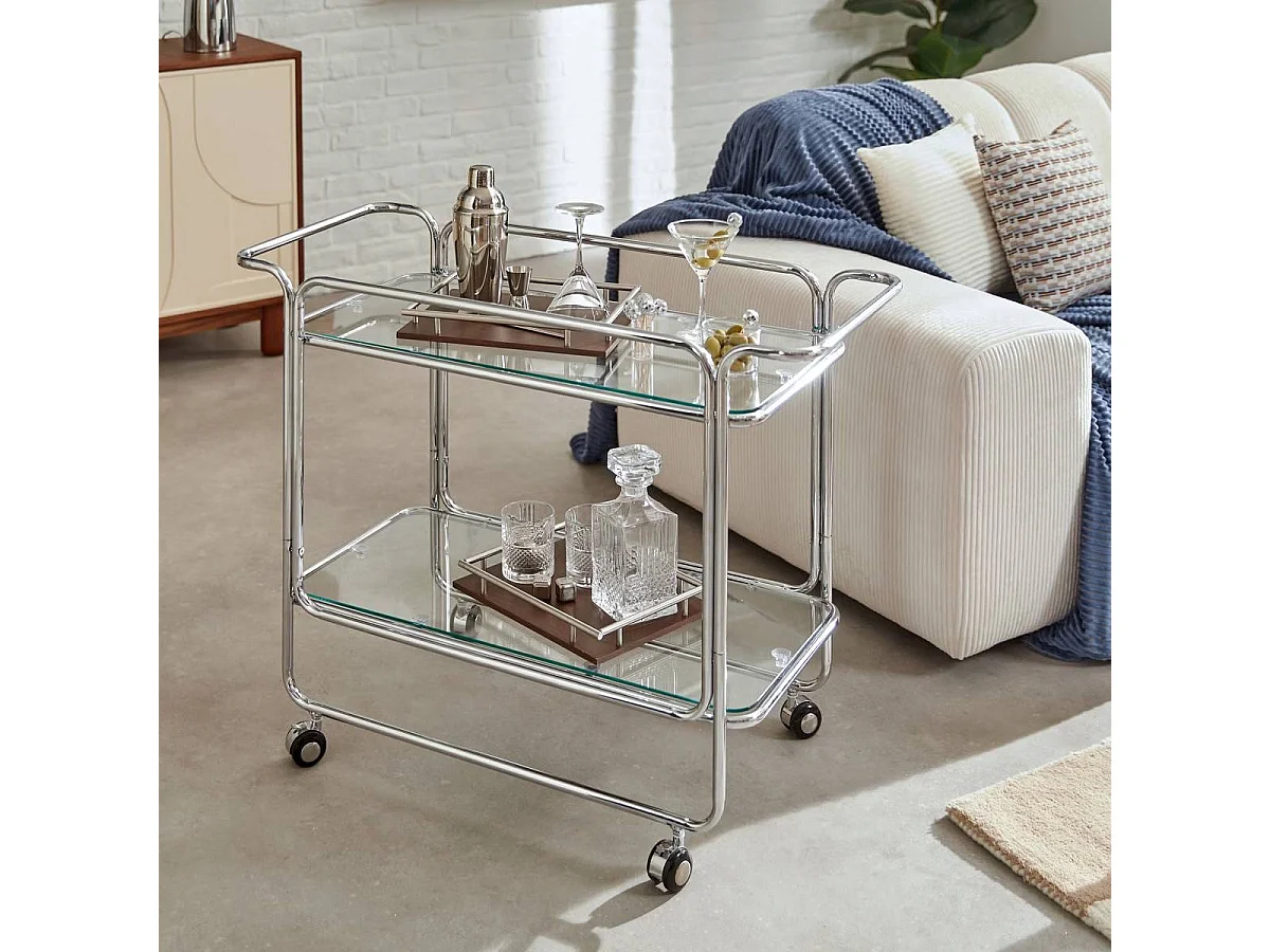 Desserte chariot à roues avec plateaux en verre - Longueur 92 x Profondeur 40 x Hauteur 71 cm