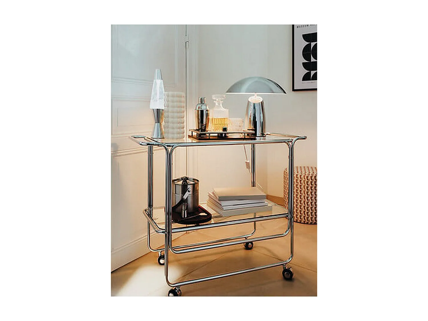 Desserte chariot à roues avec plateaux en verre - Longueur 92 x Profondeur 40 x Hauteur 71 cm