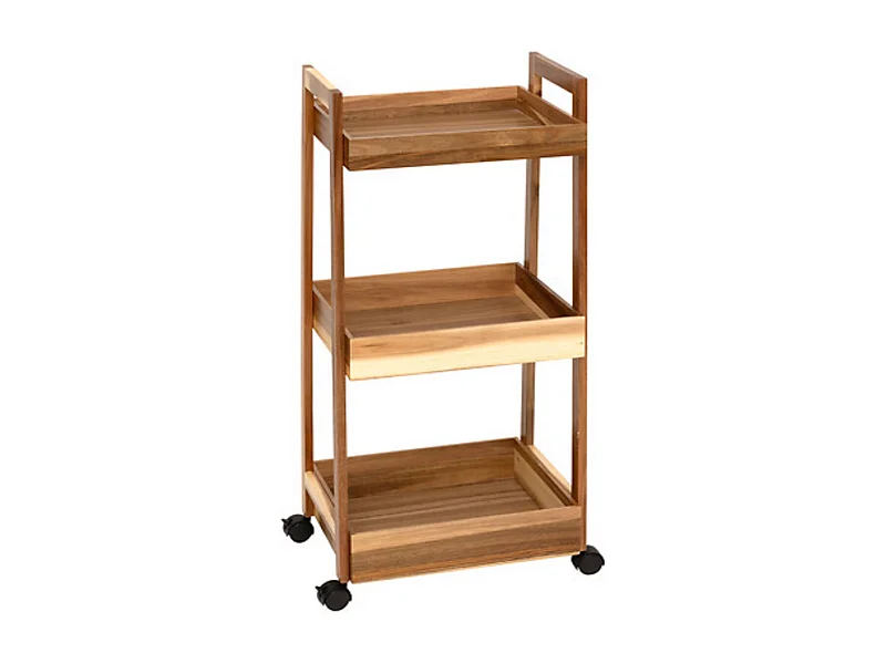 Desserte à roues 3 niveaux en bois d'acacia - Longueur 40 x largeur 30,5 x Hauteur 84,5 cm