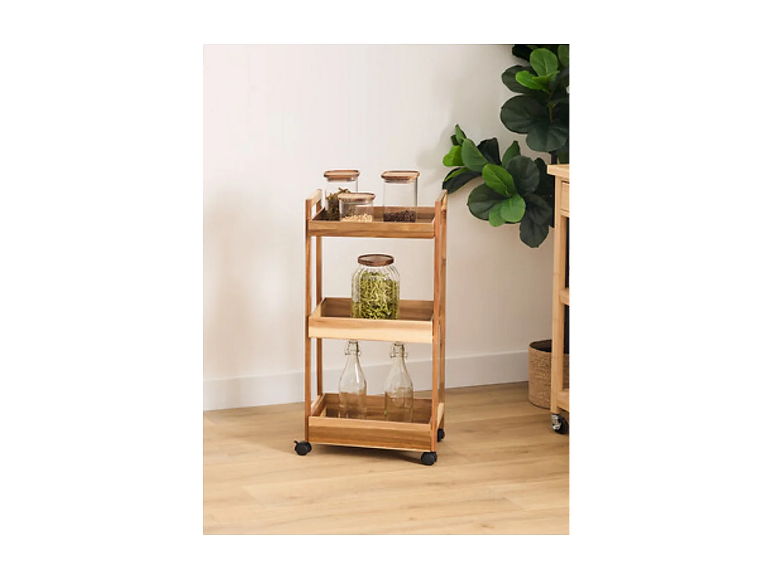 Desserte à roues 3 niveaux en bois d'acacia - Longueur 40 x largeur 30,5 x Hauteur 84,5 cm