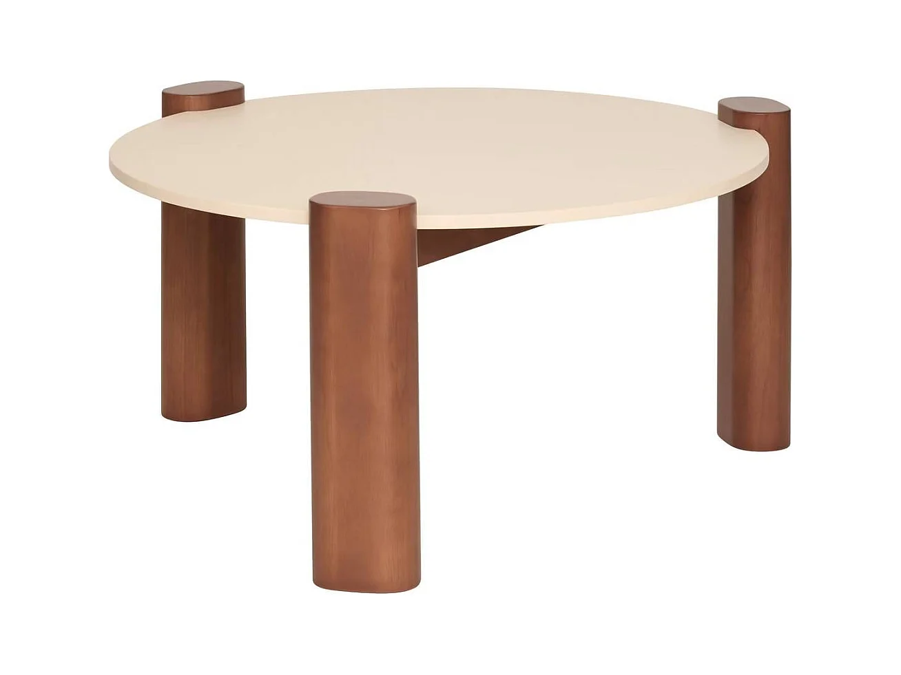 Table basse ronde sur 3 pieds coloris Noyer/Beige - Diamètre 85,5 x Hauteur 43 cm