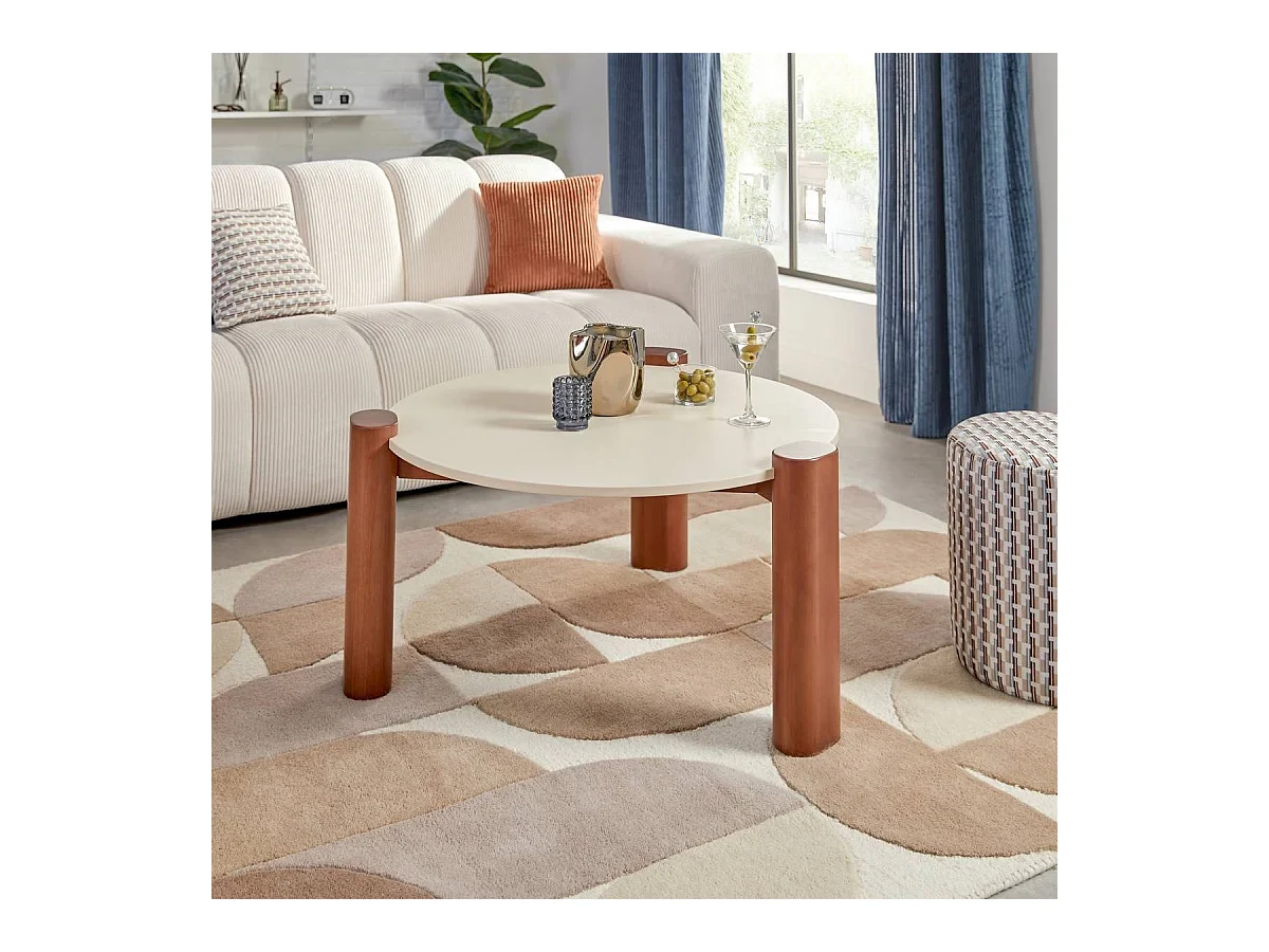 Table basse ronde sur 3 pieds coloris Noyer/Beige - Diamètre 85,5 x Hauteur 43 cm