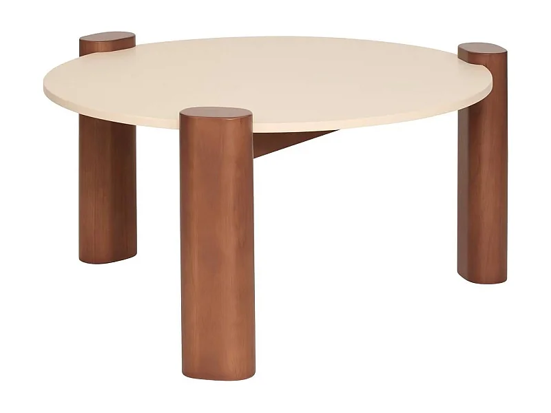 Table basse ronde sur 3 pieds coloris Noyer/Beige - Diamètre 85,5 x Hauteur 43 cm