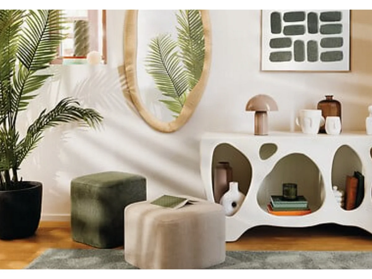 Lot de 2 Poufs carrés empilables coloris sable et vert - Longueur 41 x Profondeur 41 x Hauteur 42 cm