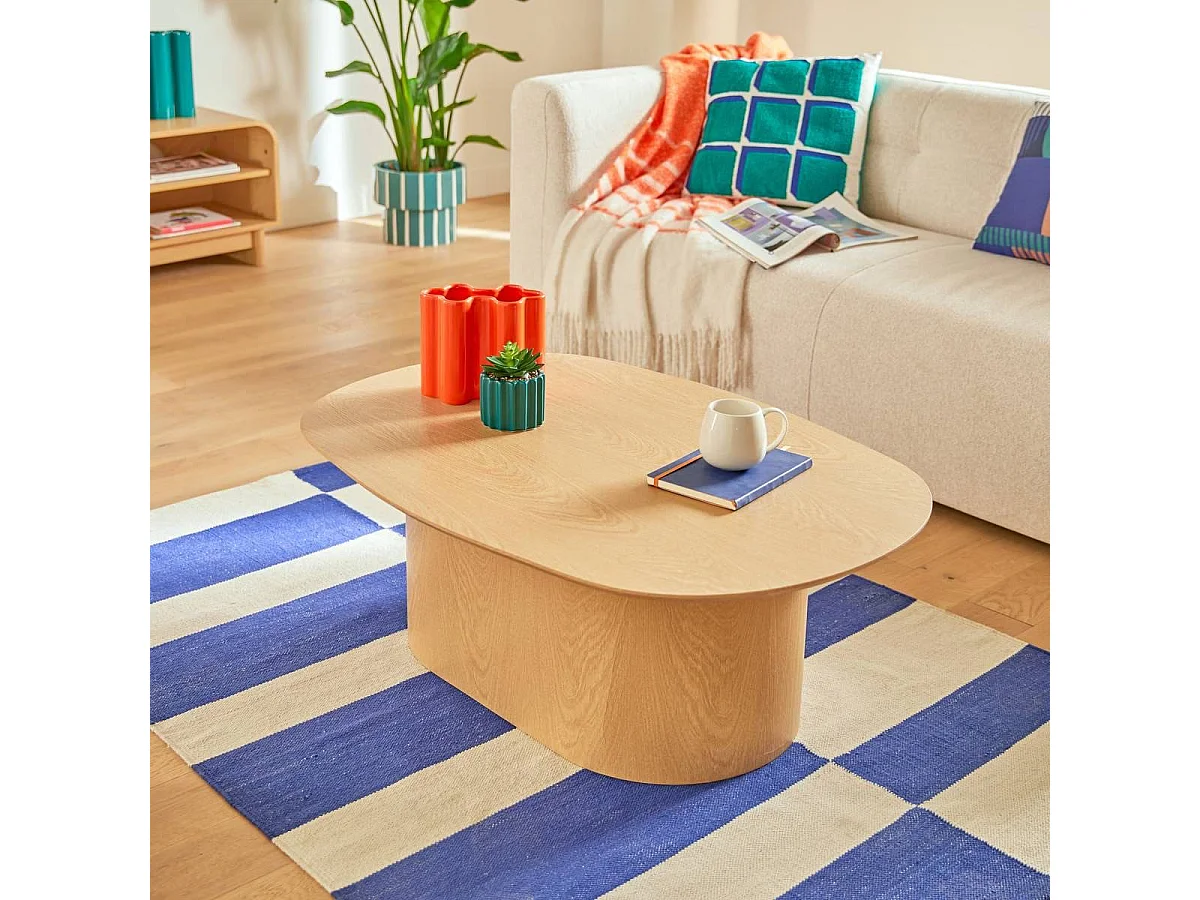 Table basse ovale coloris effet bois clair - Longueur 100 x largeur 70 x Hauteur 36,4 cm