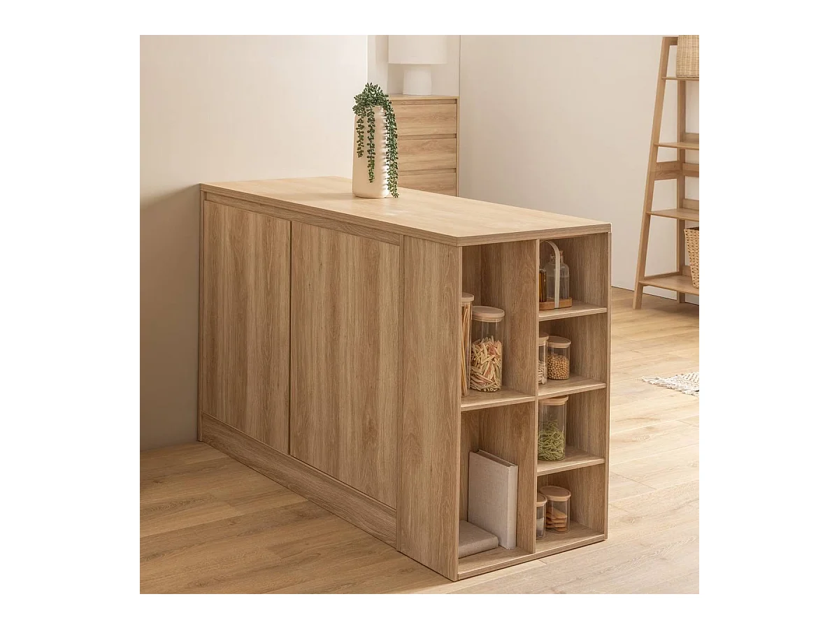 Ilot de cuisine central meuble de rangement 2 portes et 6 niches - Longueur 120 x largeur 60 x Hauteur 90 cm