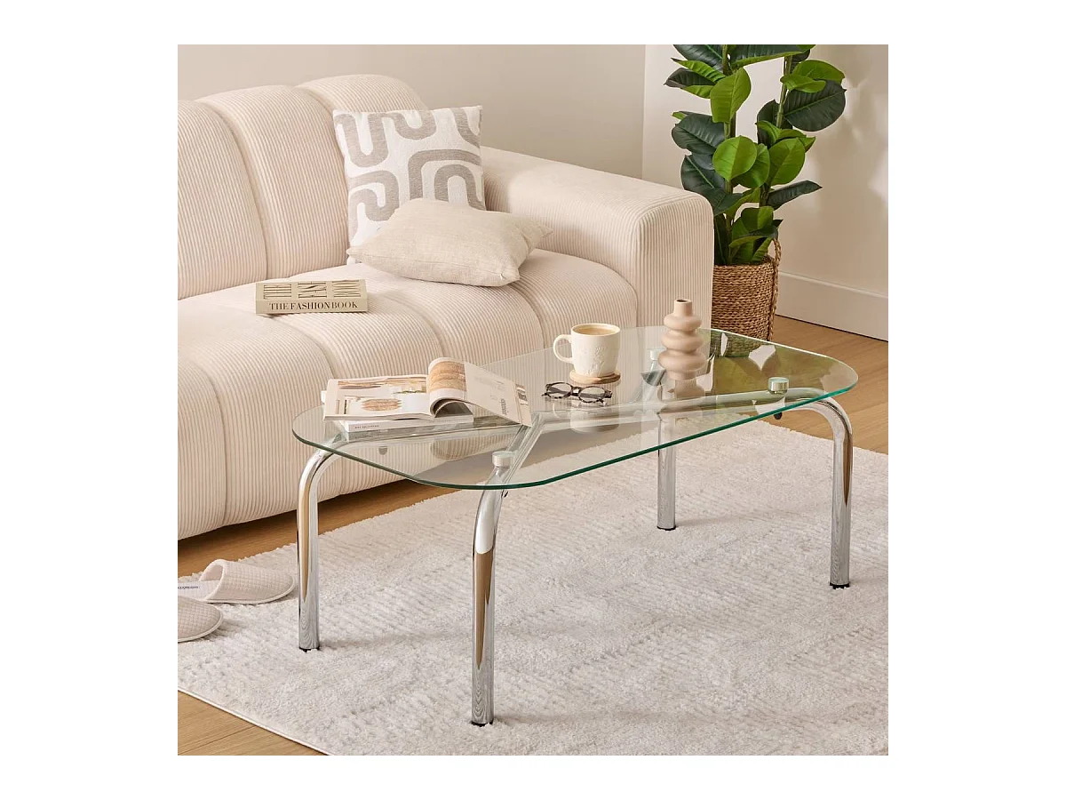 Table basse en verre transparent et pieds en métal chromé - Longueur 110 x largeur 60 x Hauteur 44,5 cm