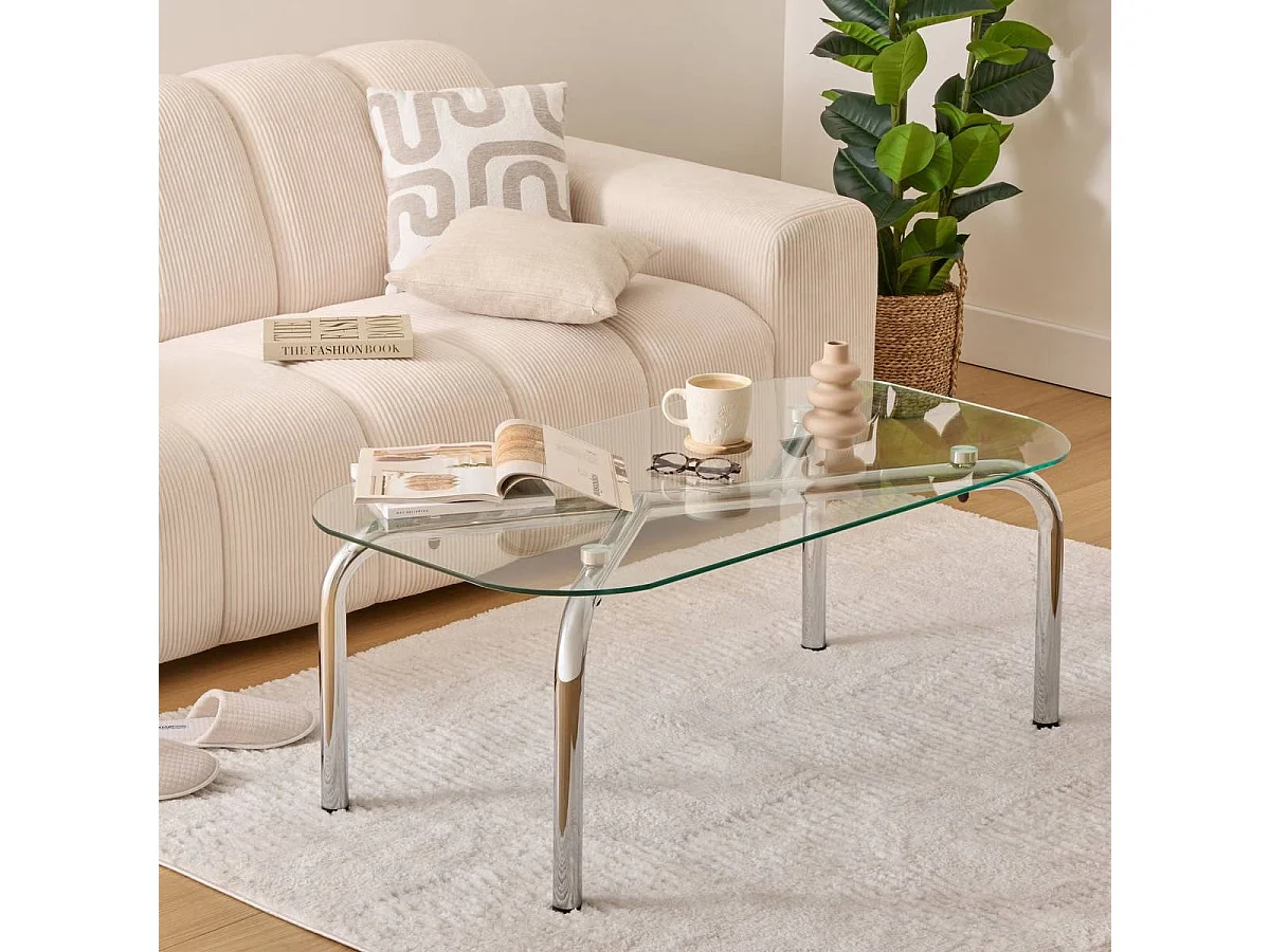 Table basse en verre transparent et pieds en métal chromé - Longueur 110 x largeur 60 x Hauteur 44,5 cm