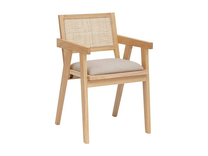 Chaise fauteuil en bois naturel avec assise rembourrée et dossier en cannage - Longueur 50 x Profondeur 50,5 x Hauteur 82 cm