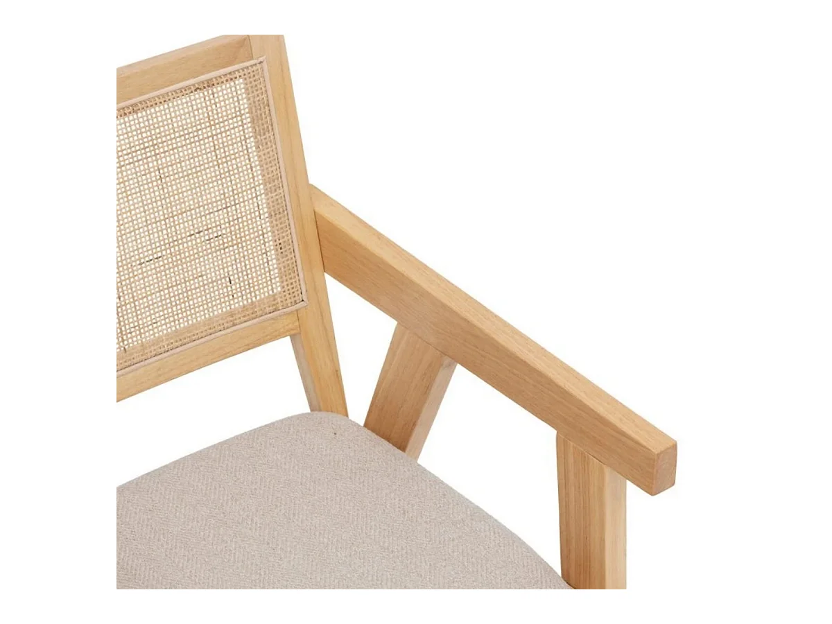 Chaise fauteuil en bois naturel avec assise rembourrée et dossier en cannage - Longueur 50 x Profondeur 50,5 x Hauteur 82 cm