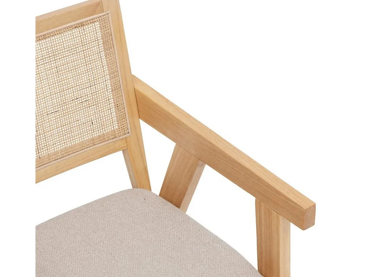 Chaise fauteuil en bois naturel avec assise rembourrée et dossier en cannage - Longueur 50 x Profondeur 50,5 x Hauteur 82 cm