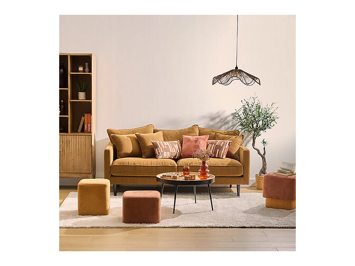 Canapé 3 places Sofa Fauteuil coloris caramel - Longueur 194 x Profondeur 96 x Hauteur 85 cm