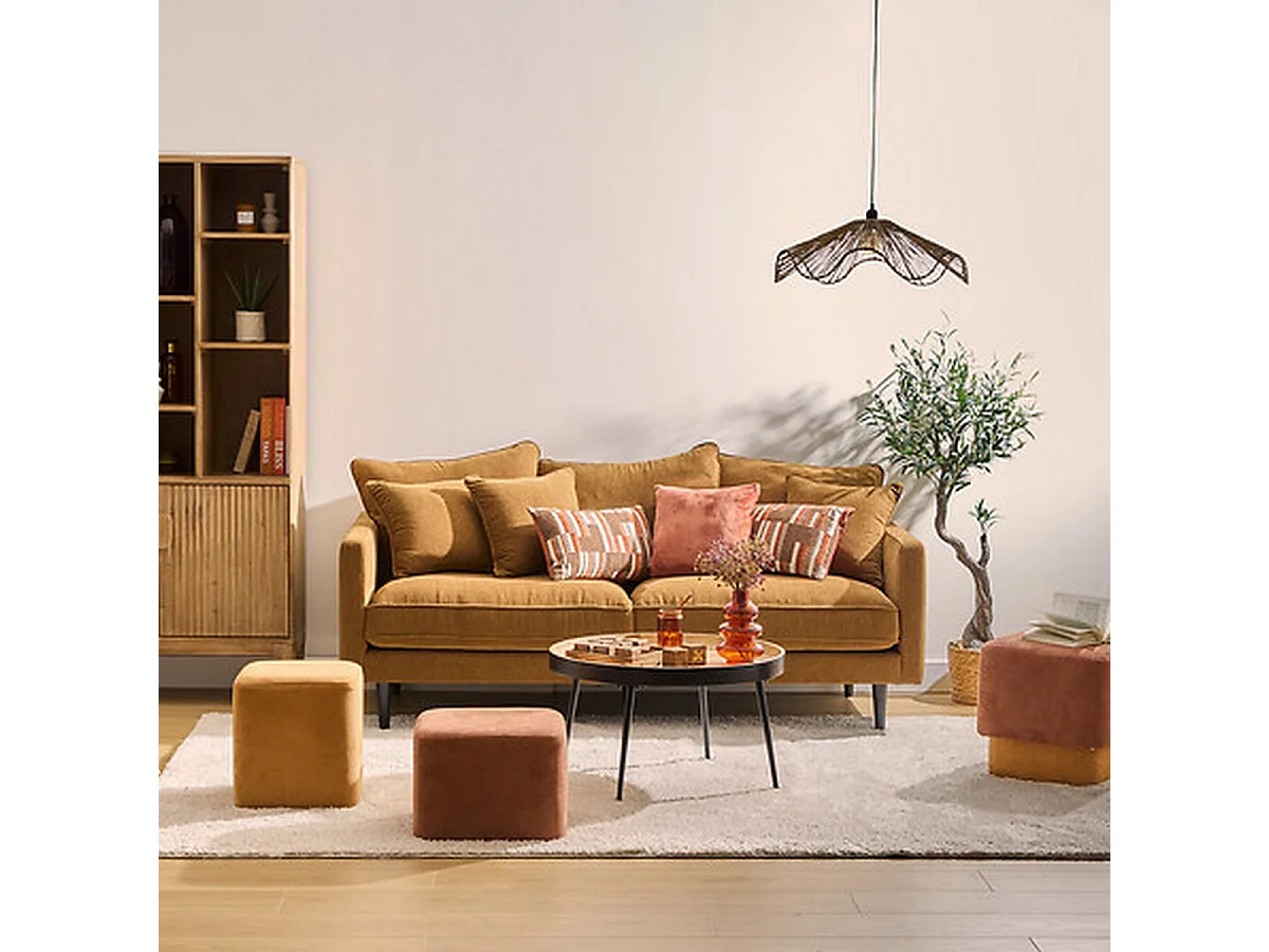 Canapé 3 places Sofa Fauteuil coloris caramel - Longueur 194 x Profondeur 96 x Hauteur 85 cm