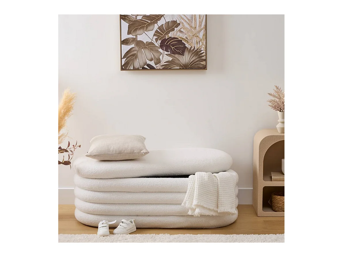 Banc coffre rembourré en bouclette coloris Blanc - Longueur 110 x Profondeur 46 x Hauteur 40,5 cm