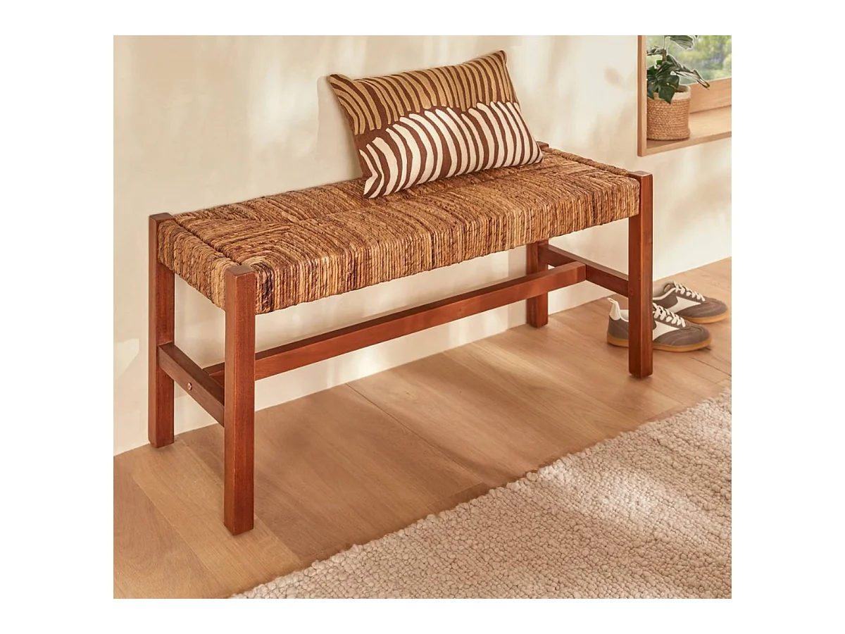 Banc bout de lit en paille tressé et structure en bois - Longueur 102 x Profondeur 38 x Hauteur 46 cm