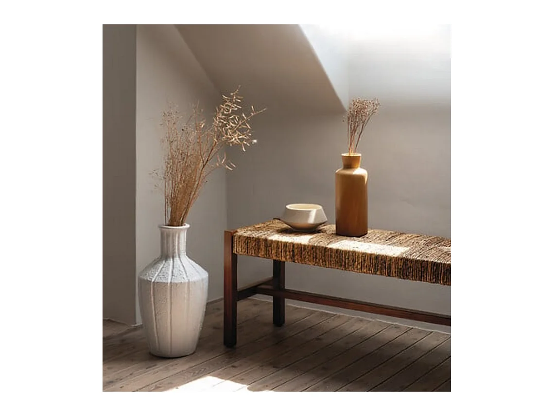 Banc bout de lit en paille tressé et structure en bois - Longueur 102 x Profondeur 38 x Hauteur 46 cm