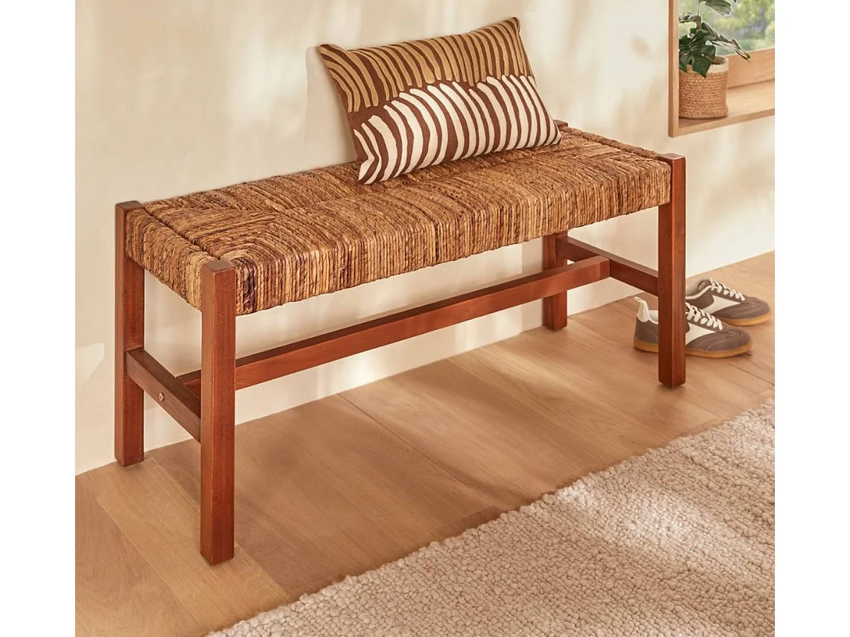 Banc bout de lit en paille tressé et structure en bois - Longueur 102 x Profondeur 38 x Hauteur 46 cm