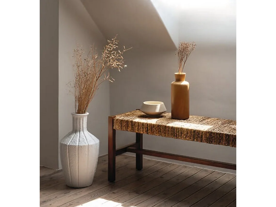 Banc bout de lit en paille tressé et structure en bois - Longueur 102 x Profondeur 38 x Hauteur 46 cm