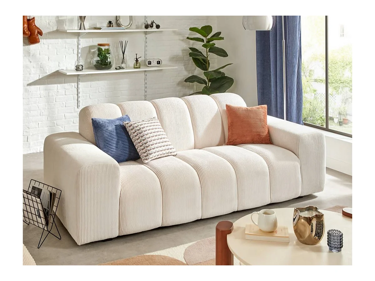 Canapé 3 places Sofa Fauteuil coloris ivoire - Longueur 212 x Profondeur 97 x Hauteur 76 cm