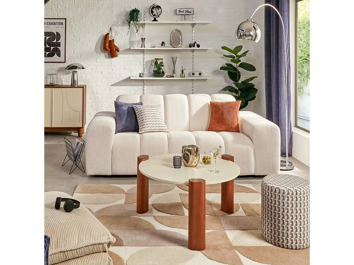 Canapé 3 places Sofa Fauteuil coloris ivoire - Longueur 212 x Profondeur 97 x Hauteur 76 cm