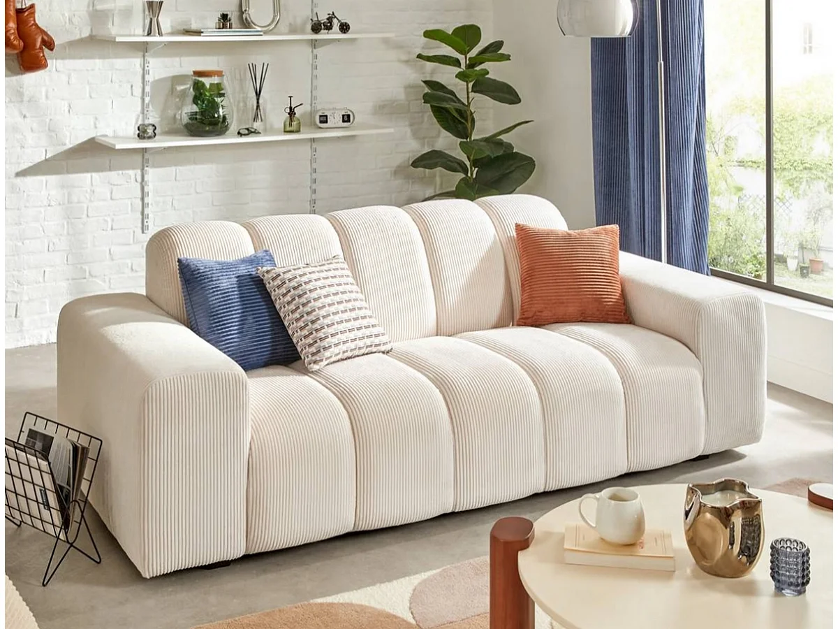 Canapé 3 places Sofa Fauteuil coloris ivoire - Longueur 212 x Profondeur 97 x Hauteur 76 cm